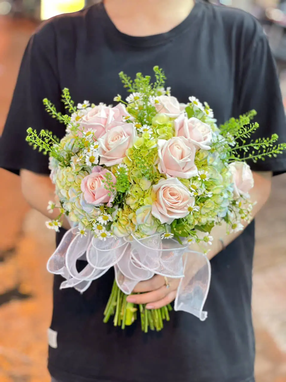 Bó hoa cô dâu cẩm tú cầu, hồng pastel 003